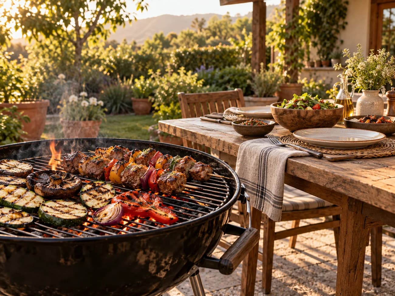 Parrilla y mesa preparadas para un asado al aire libre